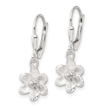 Sterling Silver Satin Polished and D/C Floral Leverback Earrings