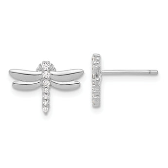 Sterling Silver Rhodium-plated CZ Dragonfly Post Earrings