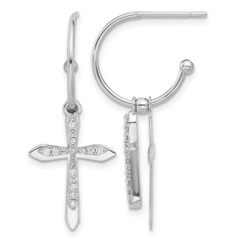Sterling Silver Polished CZ Cross Dangle Post C-Hoop Earrings - Birthstone Company