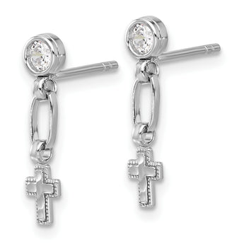Sterling Silver RH-plated Polished & Textured CZ Cross Post Dangle Earrings - Birthstone Company