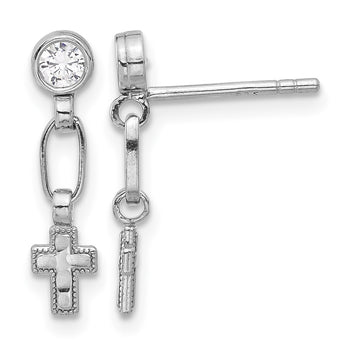 Sterling Silver RH-plated Polished & Textured CZ Cross Post Dangle Earrings - Birthstone Company