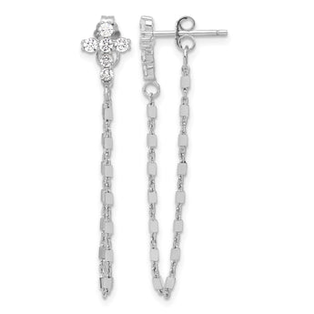 Sterling Silver RH-pltd CZ Cross w/Chain Front & Back Post Dangle Earrings - Birthstone Company