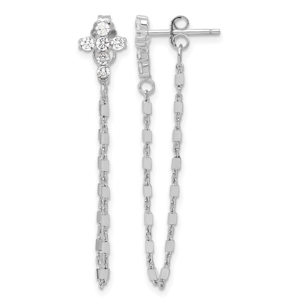 Sterling Silver RH-pltd CZ Cross w/Chain Front & Back Post Dangle Earrings - Birthstone Company