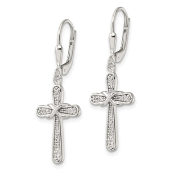 Sterling Silver Polished CZ Infinity Cross Leverback Dangle Earrings - Birthstone Company