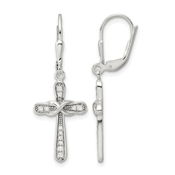 Sterling Silver Polished CZ Infinity Cross Leverback Dangle Earrings - Birthstone Company