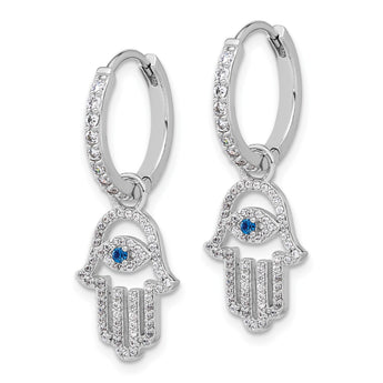 Sterling Silver RH-pltd Blue/White CZ Evil Eye Hamsa Dangle Hoop Earrings - Birthstone Company