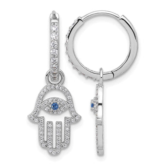 Sterling Silver RH-pltd Blue/White CZ Evil Eye Hamsa Dangle Hoop Earrings - Birthstone Company