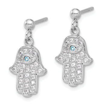 Sterling Silver RH-pltd Blue/White CZ Evil Eye Hamsa Post Dangle Earrings - Birthstone Company