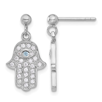 Sterling Silver RH-pltd Blue/White CZ Evil Eye Hamsa Post Dangle Earrings - Birthstone Company