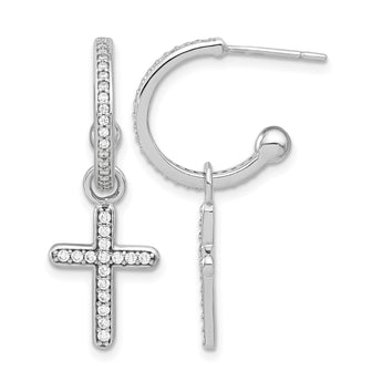 Sterling Silver Polished CZ Dangle Cross Post C-Hoop Earrings - Birthstone Company