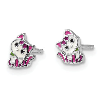 Sterling Silver RH-plated Multicolor Enameled Kitty Children's Post Earring