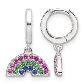 Sterling Silver E-Coating Polished Multicolor CZ Dangle Rainbow Children's Round Hoop Earrings - Birthstone Company
