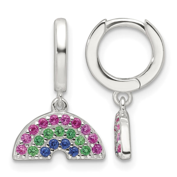 Sterling Silver E-Coating Polished Multicolor CZ Dangle Rainbow Children's Round Hoop Earrings - Birthstone Company