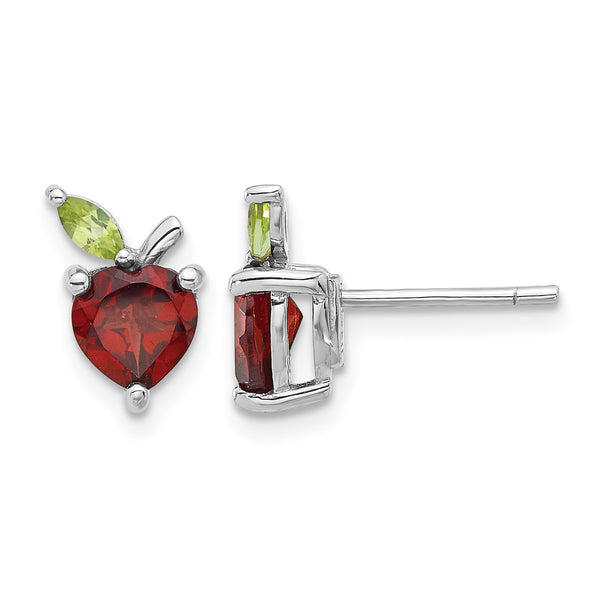 Sterling Silver Rhodium-plated Garnet and Peridot Apple Post Earrings - Birthstone Company