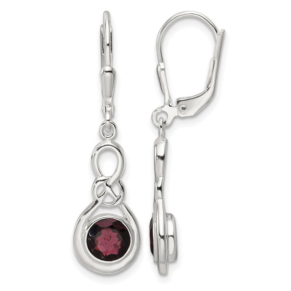 Sterling Silver Polished Garnet Knot Leverback Dangle Earrings - Birthstone Company