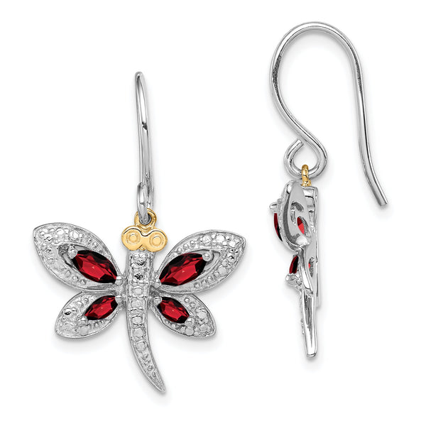 Sterling Silver/14k RH-plated Garnet/Diamond Dragonfly Earrings