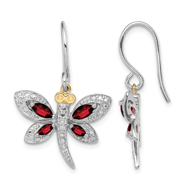Sterling Silver/14k RH-plated Garnet/Diamond Dragonfly Earrings - Birthstone Company