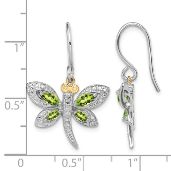 Sterling Silver/14k RH-plated Peridot/Diamond Dragonfly Earrings - Birthstone Company