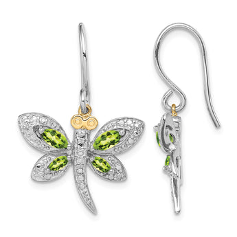 Sterling Silver/14k RH-plated Peridot/Diamond Dragonfly Earrings - Birthstone Company