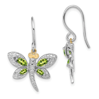 Sterling Silver/14k RH-plated Peridot/Diamond Dragonfly Earrings