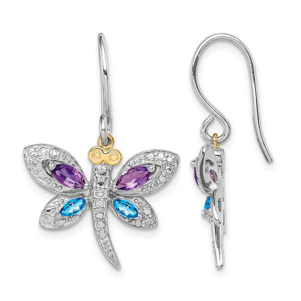 Sterling Silver/14k RH-plated Amethyst/Bl Topaz/Diamond Dragonfly Earrings - Birthstone Company