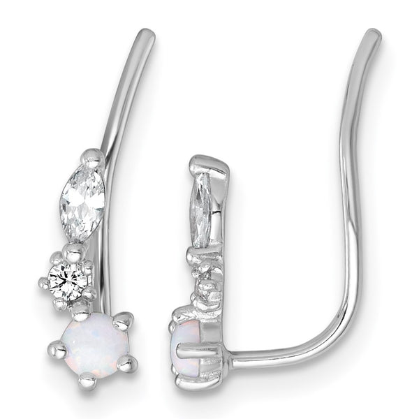 Sterling Silver Rhodium-plated Polished CZ and Lab Created Opal Ear Climber Earrings - Birthstone Company