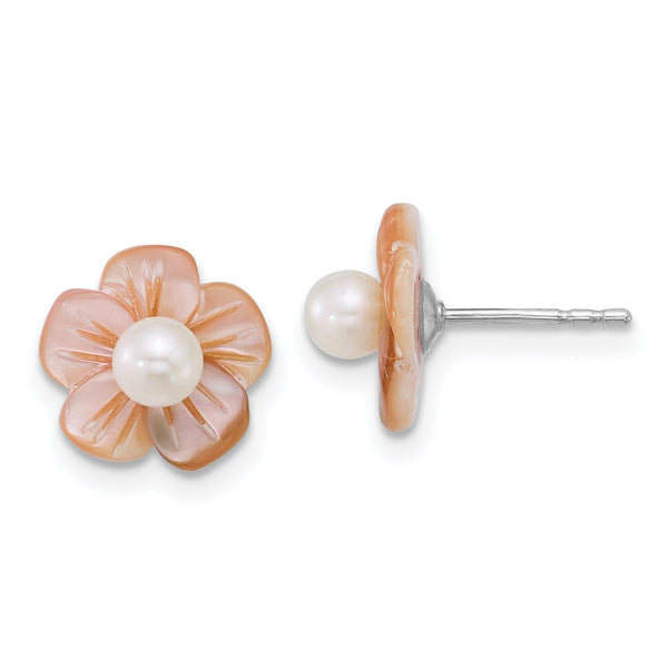 Sterling Silver Rhodium-plated 3-4mm White Round Freshwater Cultured Pearl and Pink Mother of Pearl Flower Post Earrings