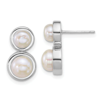 Sterling Silver Rhodium-plated 5-7mm Button White Freshwater Cultured 2-Pearl Post Earrings