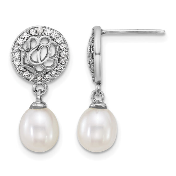 Sterling Silver Rhodium-plated 6-7mm Rice White Freshwater Cultured Pearl and CZ Dangle Post Earrings - Birthstone Company