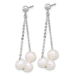 Sterling Silver Rhodium-plated 6-7mm Semi-Round White Freshwater Cultured 3-Pearl and Chain Dangle Post Earrings - Birthstone Company