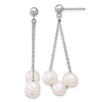 Sterling Silver Rhodium-plated 6-7mm Semi-Round White Freshwater Cultured 3-Pearl and Chain Dangle Post Earrings