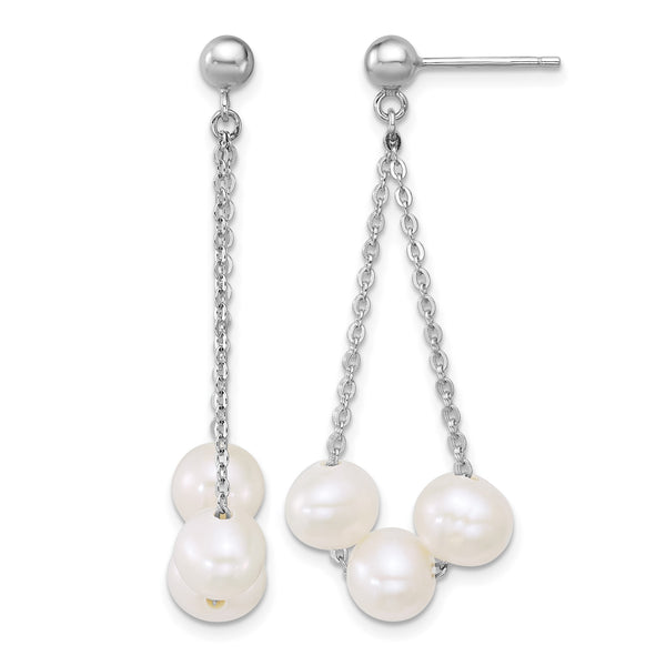 Sterling Silver Rhodium-plated 6-7mm Semi-Round White Freshwater Cultured 3-Pearl and Chain Dangle Post Earrings - Birthstone Company
