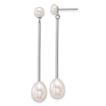 Sterling Silver Rhodium-plated 5-6mm Button and 7-8mm Teardrop White Freshwater Cultured Pearl and Bar Dangle Post Earrings