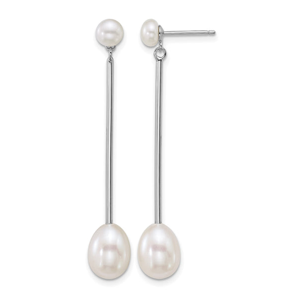 Sterling Silver Rhodium-plated 5-6mm Button and 7-8mm Teardrop White Freshwater Cultured Pearl and Bar Dangle Post Earrings - Birthstone Company
