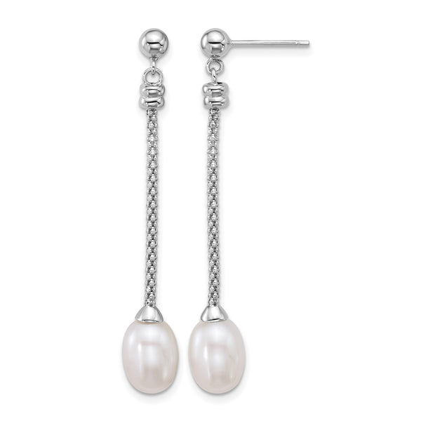 Sterling Silver Rhodium-plated 7-8mm Rice White Freshwater Cultured Pearl and Chain Dangle Post Earrings - Birthstone Company