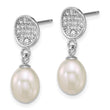 Sterling Silver Rhodium-plated 6-8mm Teardrop White Freshwater Cultured Pearl and Pave CZ Dangle Post Earrings - Birthstone Company
