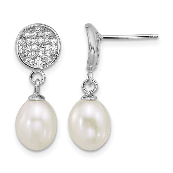Sterling Silver Rhodium-plated 6-8mm Teardrop White Freshwater Cultured Pearl and Pave CZ Dangle Post Earrings - Birthstone Company