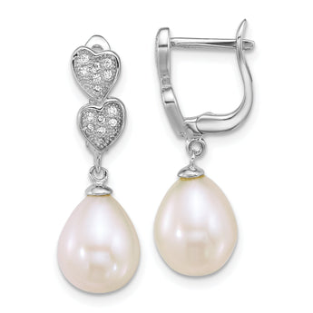 Sterling Silver Rhodium-plated 7-9mm Teardrop White Freshwater Cultured Pearl and CZ Hearts Dangle Earrings