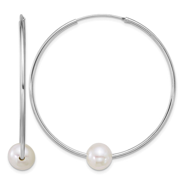 Sterling Silver Rhodium-plated 8-9mm Semi-Round White Freshwater Cultured Pearl 50mm Endless Hoop Earrings - Birthstone Company