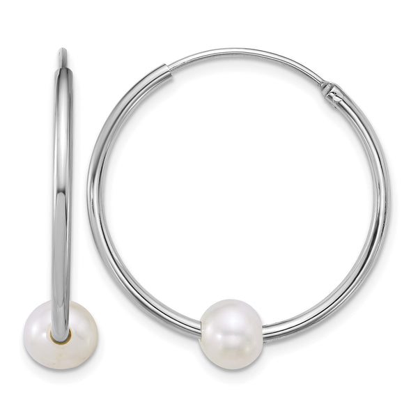 Sterling Silver Rhodium-plated 7-8mm Semi-Round White Freshwater Cultured Pearl 30mm Endless Hoop Earrings - Birthstone Company