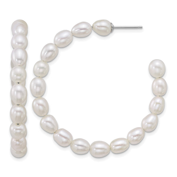Sterling Silver Rhodium-plated 5-6mm Rice White Freshwater Cultured Pearl C-Hoop Post Earrings - Birthstone Company