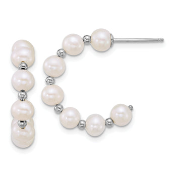 Sterling Silver Rhodium-plated 4-5mm Round White Freshwater Cultured Pearl and Bead C-Hoop Post Earrings