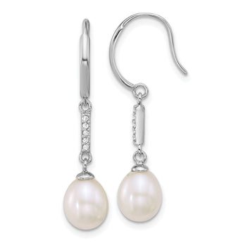 Sterling Silver Rhodium-plated 6-8mm Teardrop White Freshwater Cultured Pearl and CZ Dangle Shepherd Hook Earrings