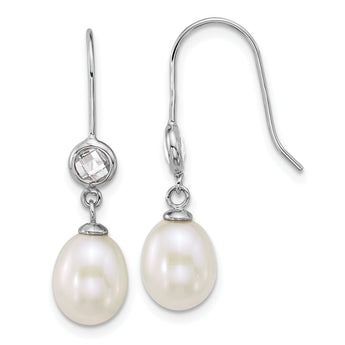 Sterling Silver Rhodium-plated 6-7mm Rice White Freshwater Cultured Pearl and Glass Stone Dangle Shepherd Hook Earrings
