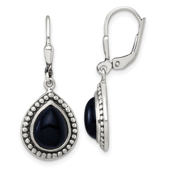 Onyx Teardrop Cabochon Dangle Leverback Earrings in Sterling Silver