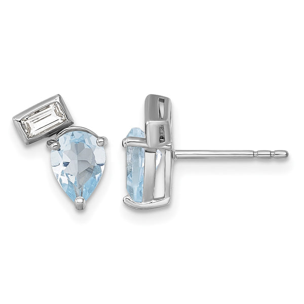 Sterling Silver Rhodium-plated Polished Pear Sky Blue and Emerald-cut White Topaz Post Earrings - Birthstone Company