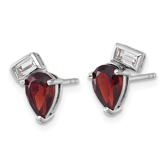 Sterling Silver Rhodium-plated Polished Pear Garnet and Emerald-cut White Topaz Post Earrings - Birthstone Company