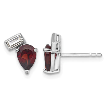 Sterling Silver Rhodium-plated Polished Pear Garnet and Emerald-cut White Topaz Post Earrings - Birthstone Company