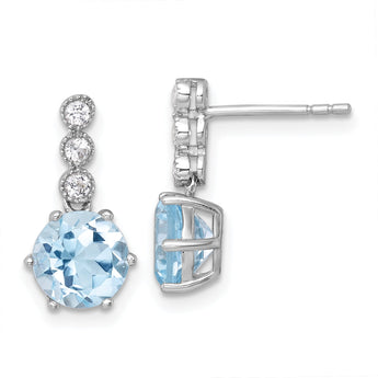 Sterling Silver Rhodium-plated Polished and Beaded Round Sky Blue and White Topaz Dangle Post Earrings
