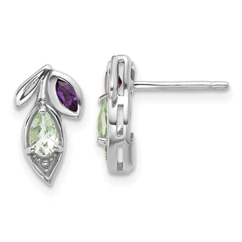 Sterling Silver Rhodium-plated Polished Amethyst and Green Quartz Leaf Post Earrings